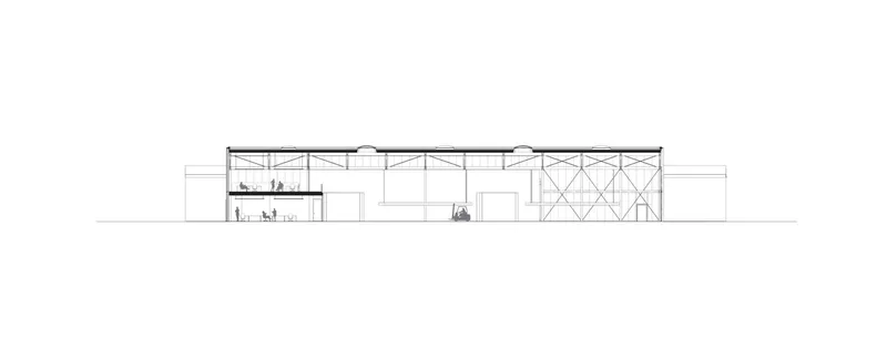 Section drawing showing interior spaces with exposed roof structure and diagonal bracing at the right end