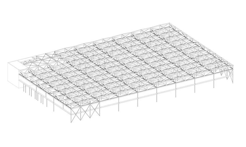 Axonometric drawing of the gridded roof structure supported by columns and diagonal bracing at one corner