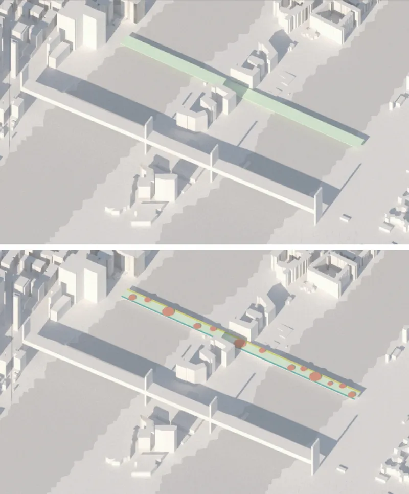 Axonometric drawing showing two building volumes with a green linear pedestrian pathway between surrounding urban blocks