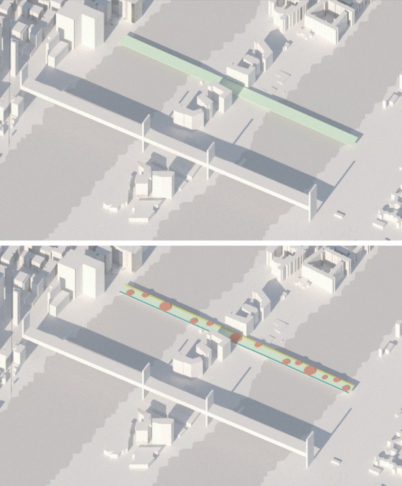 Axonometric drawing showing two building volumes with a green linear pedestrian pathway between surrounding urban blocks