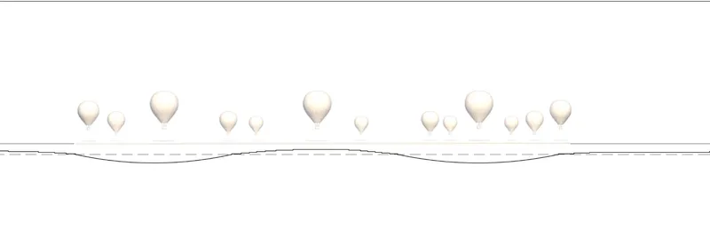 Elevation drawing showing a series of hot air balloons hovering above a low undulating roofline