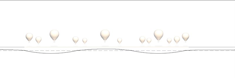 Elevation drawing showing a series of hot air balloons hovering above a low undulating roofline