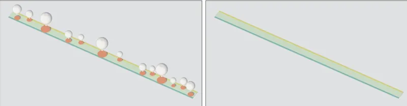 Diagram showing two states of a linear structure with colored spheres along its length