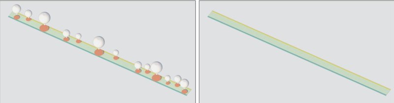 Diagram showing two states of a linear structure with colored spheres along its length