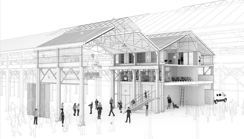 Cutaway axonometric drawing showing the interior layout of a two-story structure within a gable-roofed industrial shell