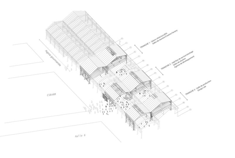 Exploded axonometric drawing illustrating three parallel gable-roofed volumes with annotated construction layers