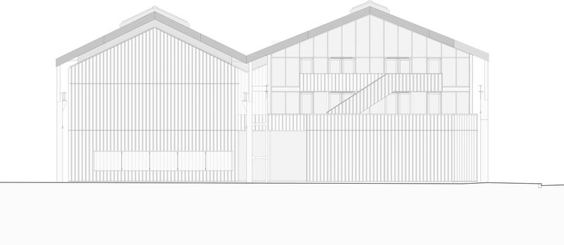 Elevation drawing showing twin gabled structures with vertical cladding and exposed timber framing