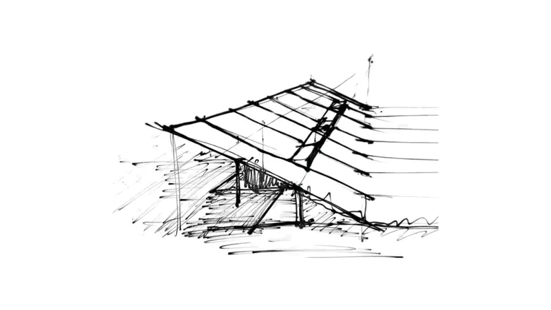 Sketch of inclined roof structure with exposed timber rafters and diagonal bracing beneath