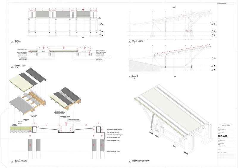 Construction drawing sheet with plan, sections, axonometric views and details of a modular roof structure
