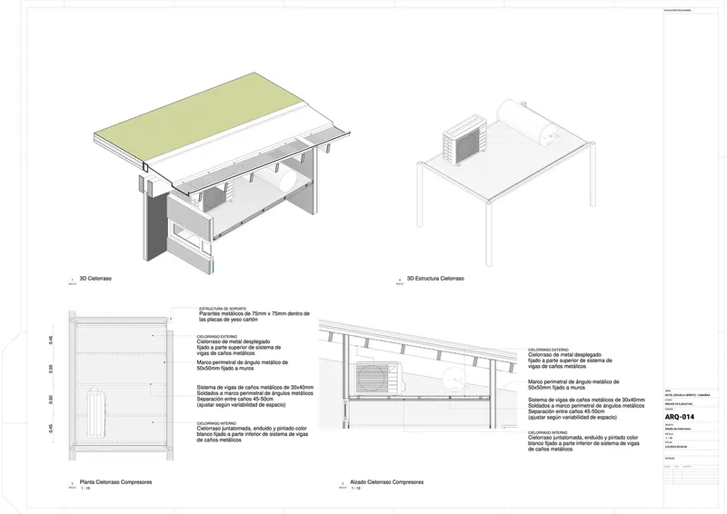 Axonometric views and wall sections showing roof assembly and structural details of a simple building