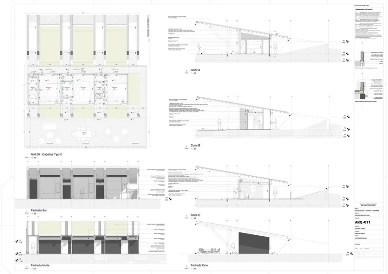 Drawing sheet displaying floor plan, facade elevations and longitudinal sections of a sloped-roof building