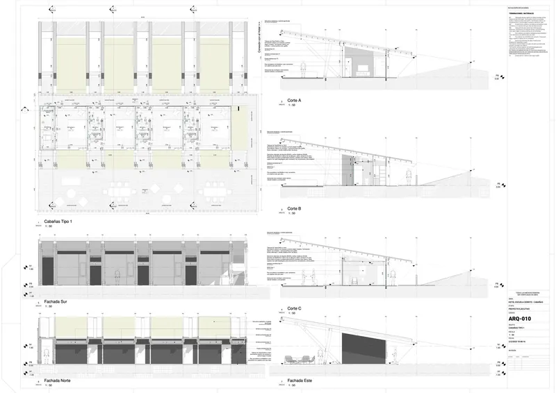 Technical drawing sheet showing floor plan, elevations and multiple building sections with annotations