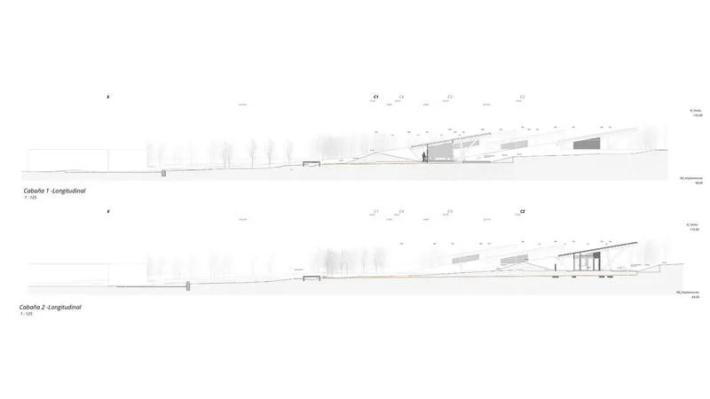 Longitudinal section drawings showing sloped terrain with volumes nestled into the landscape