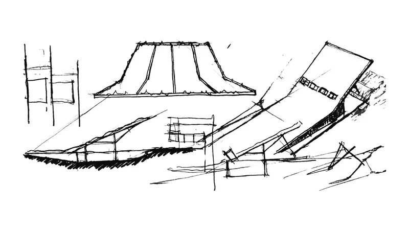 Sketch showing angular roof forms and structural frame from a three-quarter perspective