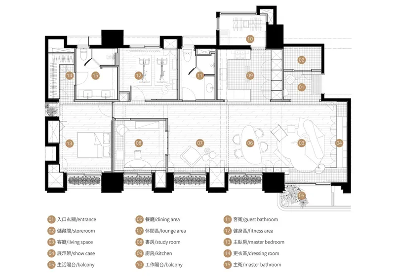 Floor plan drawing showing a linear apartment layout with balconies and labeled room functions