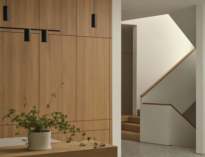 View of the angled stairwell through a white portal with timber wall panels and potted plant