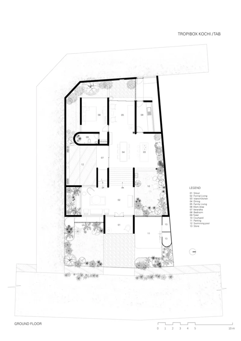 Ground floor plan drawing showing rooms arranged around a central courtyard with planted beds along the perimeter