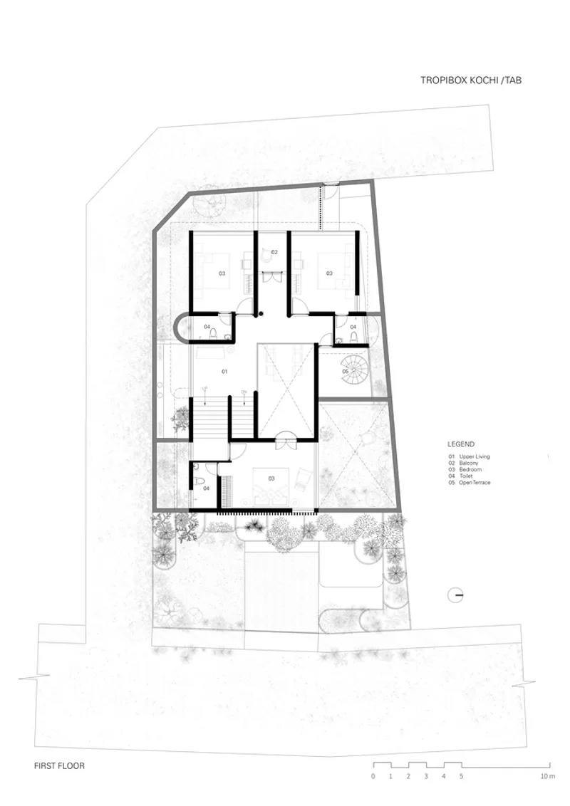 First floor plan drawing depicting bedrooms and bathrooms organized around a void overlooking the courtyard below