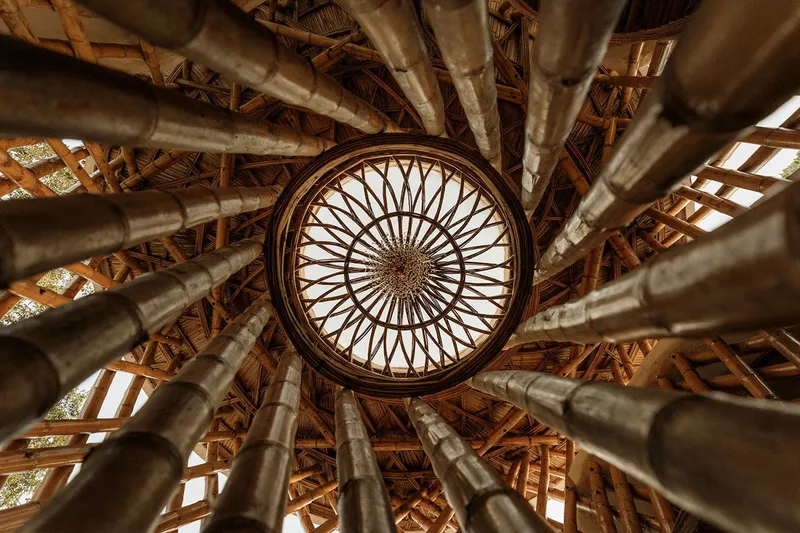 Upward view of the circular bamboo skylight surrounded by radiating bamboo columns