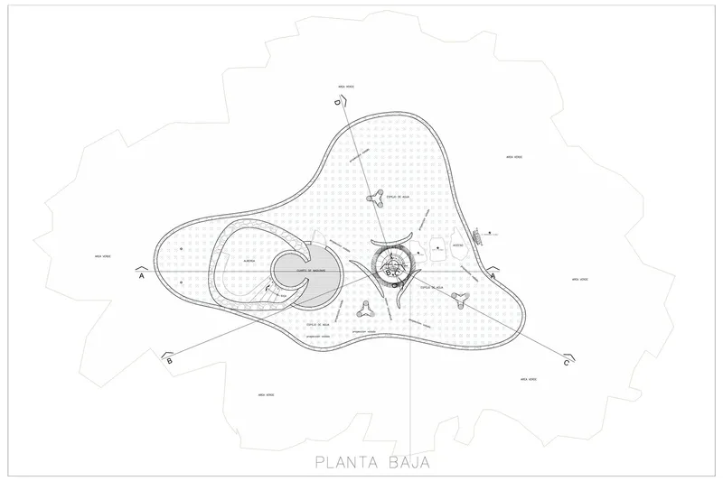 Ground floor plan drawing showing three interconnected circular volumes and pathways