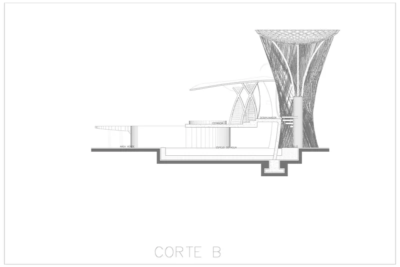 Section drawing revealing a latticed tower structure with arched canopy elements and subterranean water features