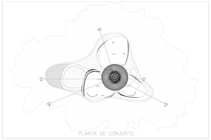 Site plan showing the organic building footprint with circular latticed element amid irregular terrain boundaries