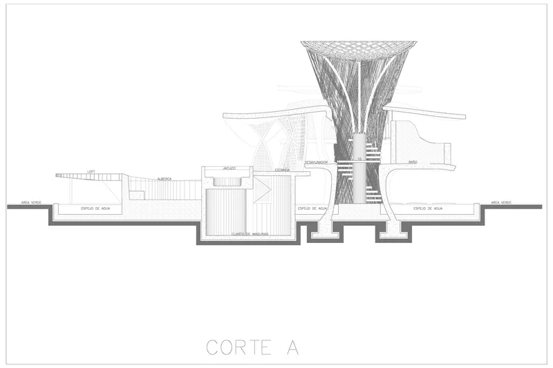 Section drawing through the diamond lattice tower revealing stacked water basins and subterranean circulation levels