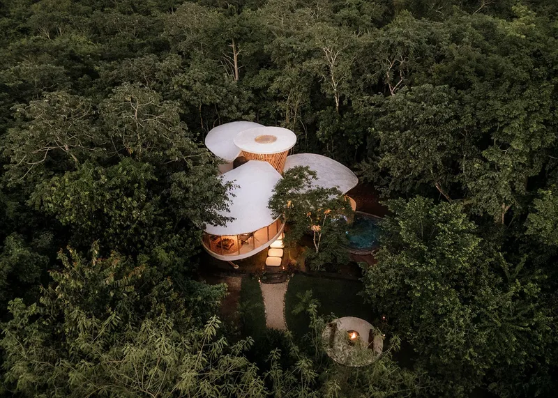 Aerial view of three circular white-roofed volumes with woven timber structures nestled within dense forest canopy