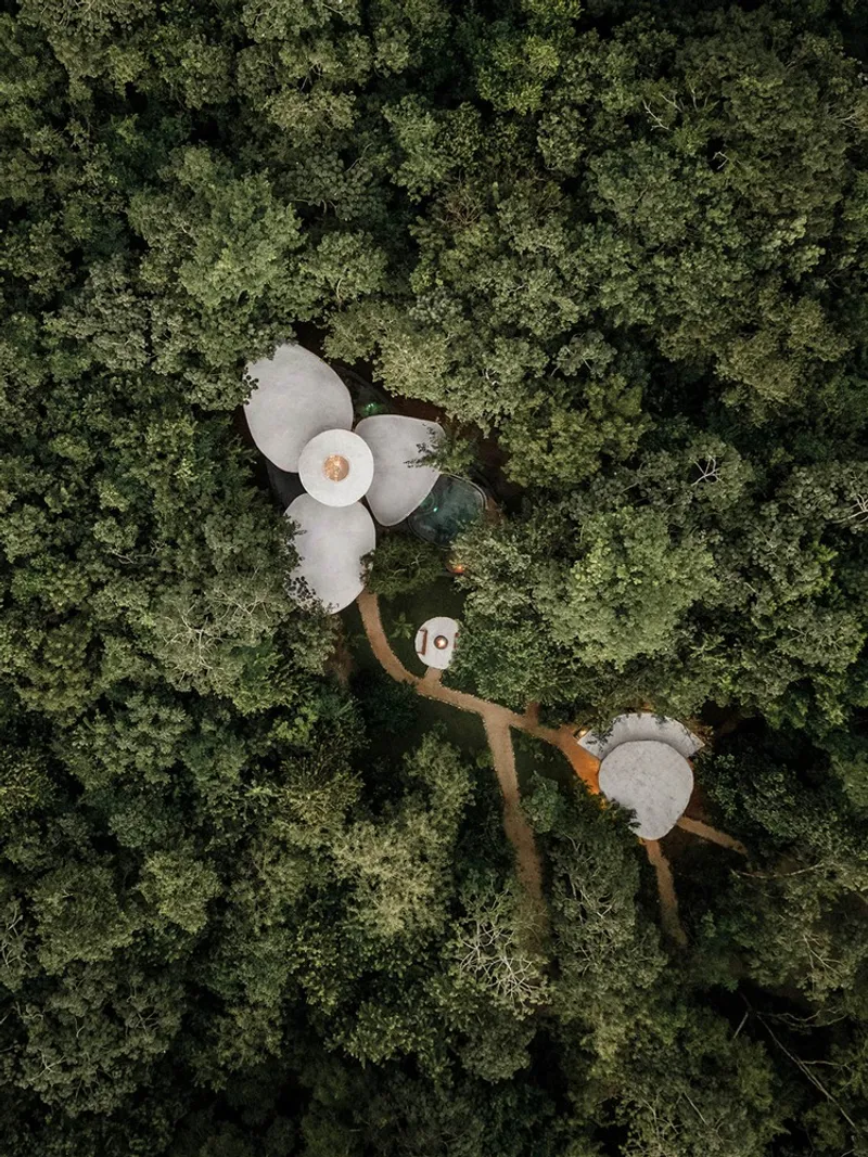 Drone view showing curved pathways connecting the white-domed structures and pool through thick jungle vegetation