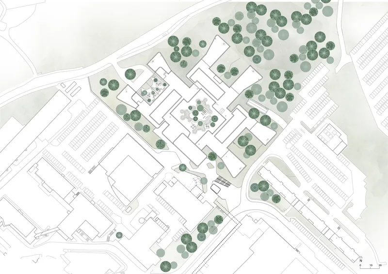 Site plan drawing showing multiple buildings with tree canopy coverage along pathways and open spaces