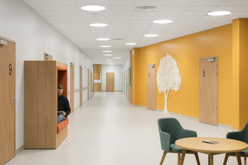 Corridor with numbered timber doors, yellow accent wall with white tree relief, and round ceiling lights