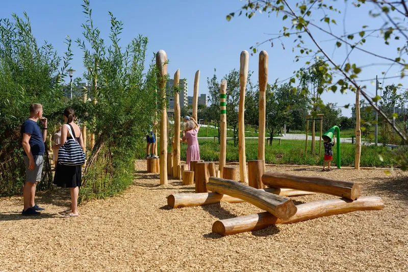 Timber log balance structure in the play area surrounded by grasses and young trees