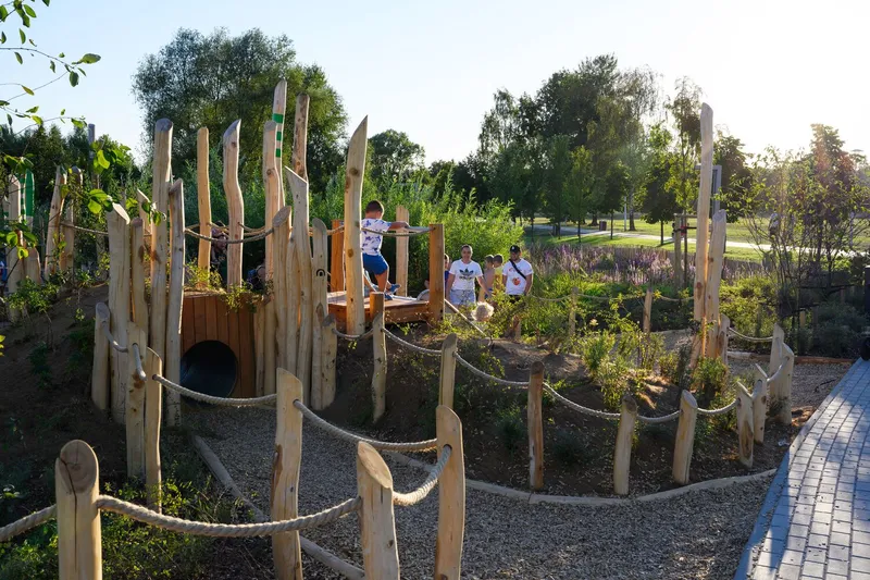 Timber play structure with rope bridges and vertical posts winding through a planted landscape in afternoon light