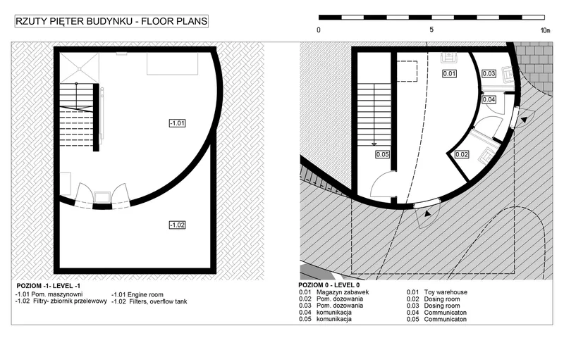 Floor plan drawings showing two levels of the curved underground structure with stairs and utility spaces