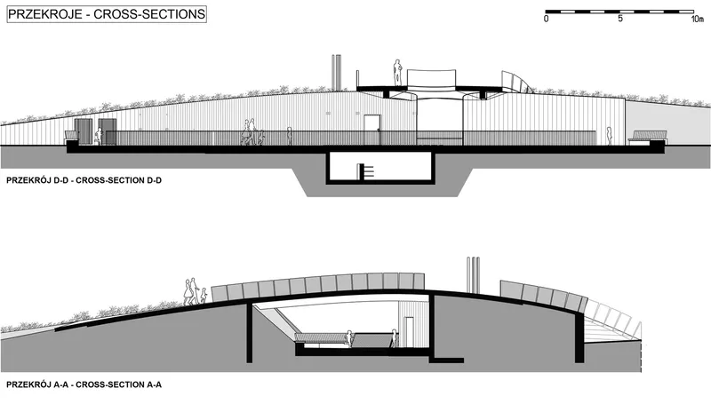 Cross-section drawings showing the sloped roof structure, underground pools, and figures for scale