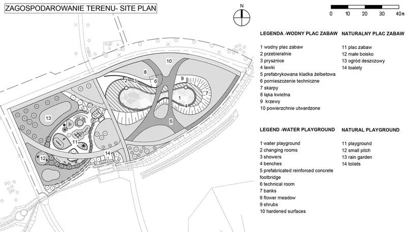 Site plan drawing indicating play zones, pathways, planted areas and underground facilities with numbered legend