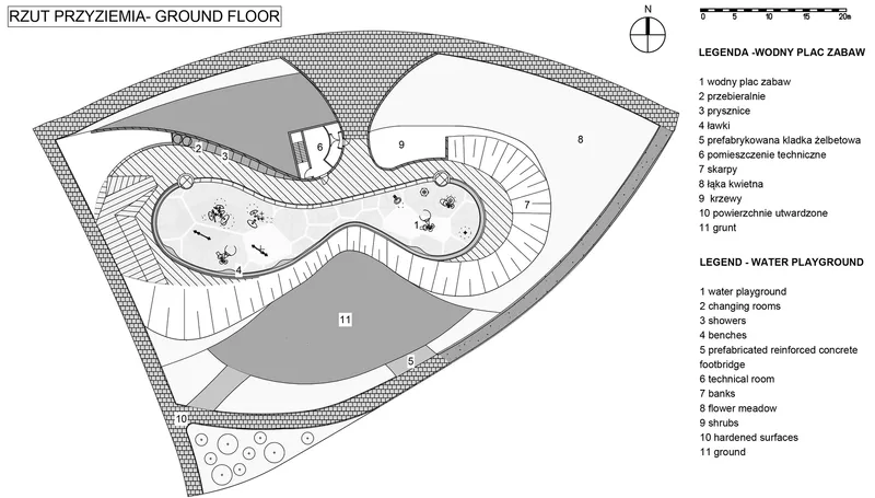 Ground floor plan drawing of a water playground showing organic curving paths, pool, changing rooms, and planted areas
