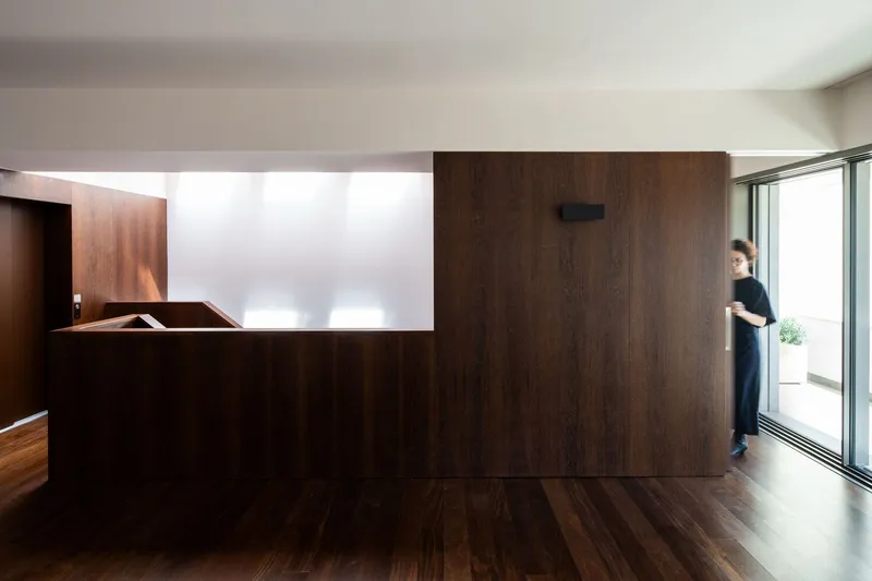 Dark wood paneled volume with sliding door and a figure standing at the glazed terrace opening