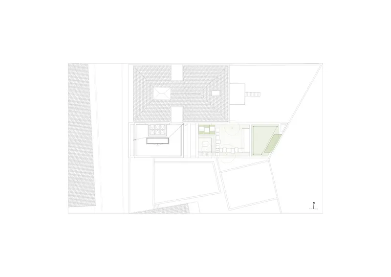 Roof plan drawing showing terraces, planted areas, and courtyard openings