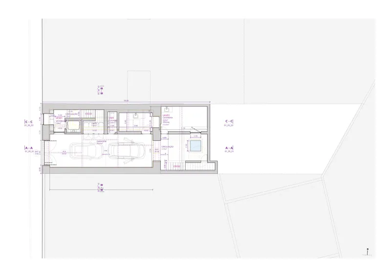 Floor plan drawing showing linear arrangement of rooms with pool and courtyard