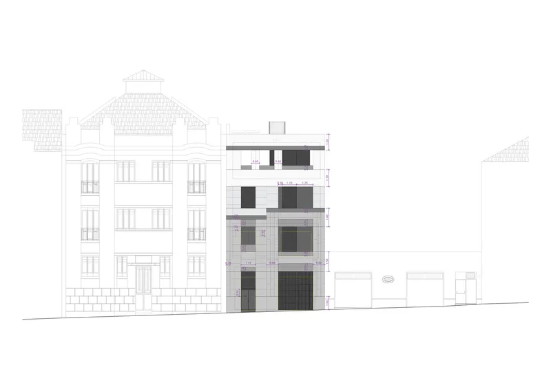 Street elevation drawing showing a four-story residence between a taller heritage building and lower neighbors