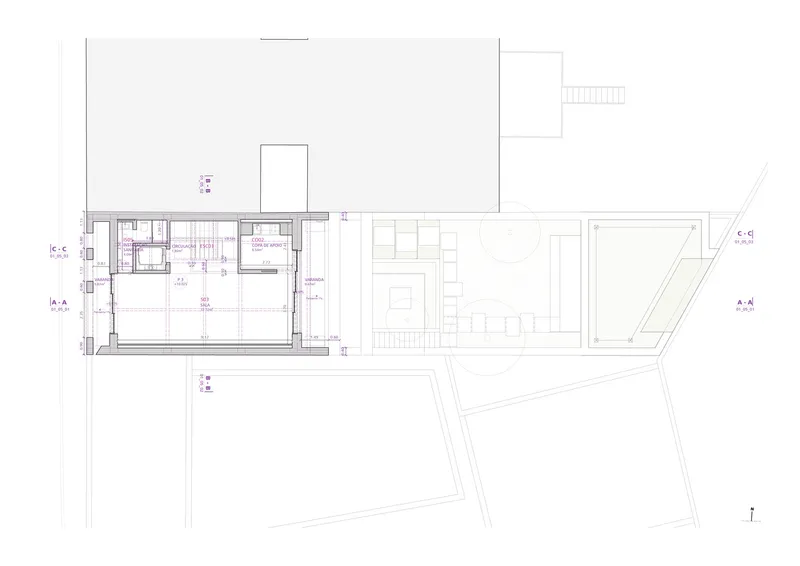 Floor plan drawing of an upper level with an open terrace and compact interior spaces