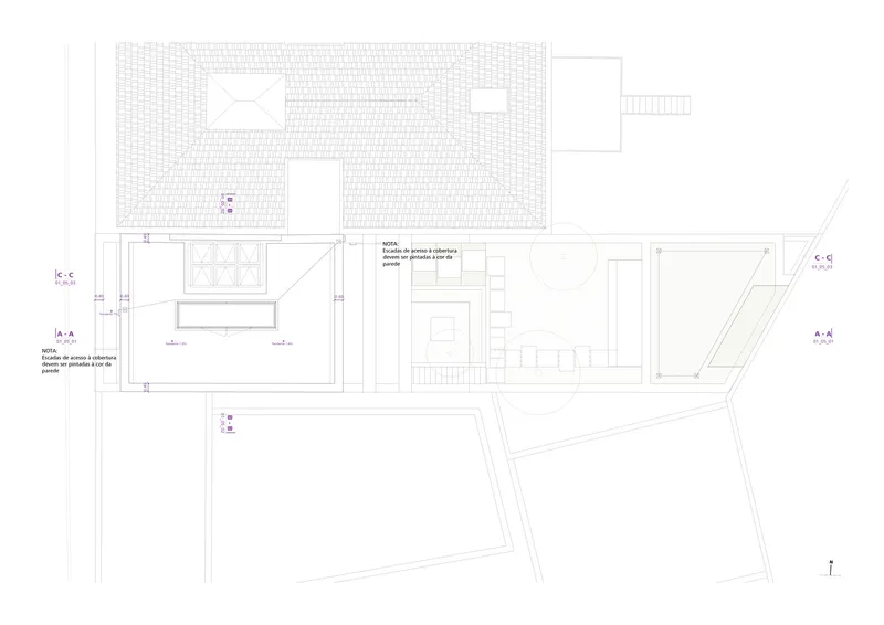 Roof plan drawing indicating tiled surfaces and a central skylight above the interior volumes