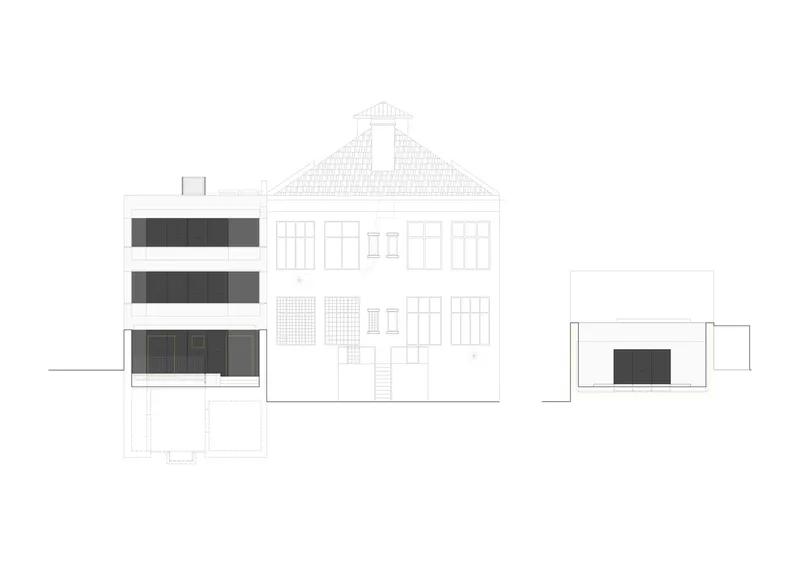Rear elevation drawing showing the tiered volumes against a pitched-roof house and a small outbuilding