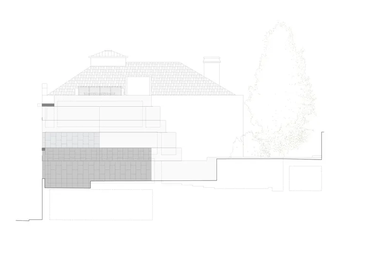 Side elevation drawing revealing the stepped massing adjacent to a traditional tiled-roof house and a tree