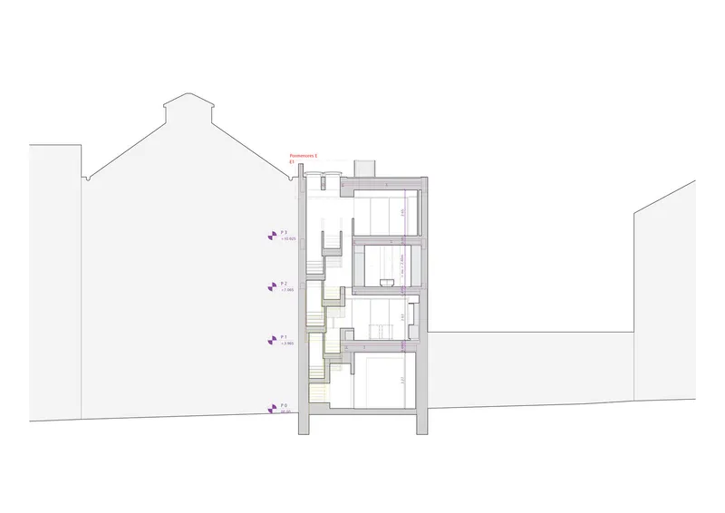 Section drawing showing four-story volume with staggered floor plates between neighboring buildings