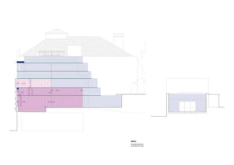 Elevation drawing showing stepped massing with pink and blue zones beside single-story pavilion