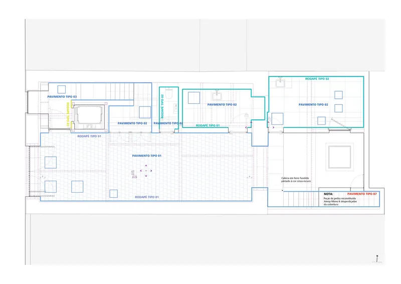 Floor plan drawing showing multiple interconnected rooms with labeled pavement and rodape zones in color