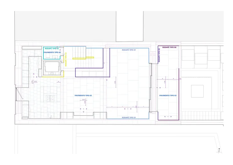 Floor plan drawing depicting two separated volumes with a staircase and circulation spine between them