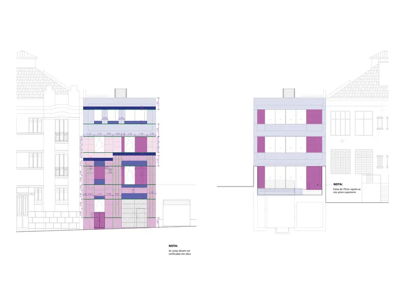 Elevation drawings showing front and rear facades with purple and blue paneling between adjacent structures